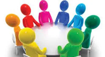 Stylised figures seated around a table for a focus group